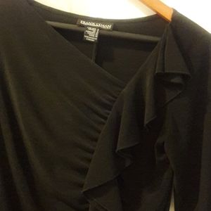 Black fitted top with sexy ruffle v-neck detail